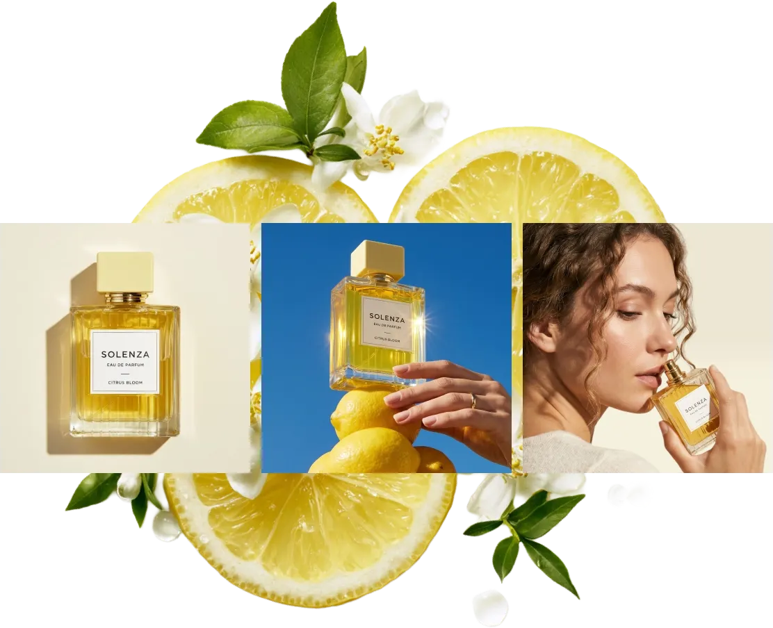 High-end perfume product photography collage showing packshot, lifestyle, and on-model images with citrus and jasmine accents